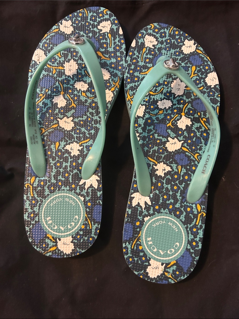 Coach Teal-Strap Floral Print Flip Flops